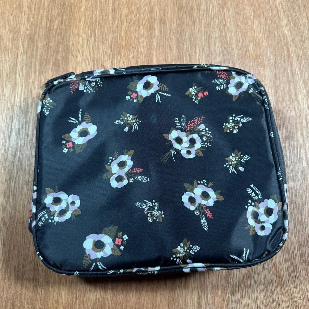 Travel Makeup Bag Women OS Black Floral Print Organizer Pouch Zippered